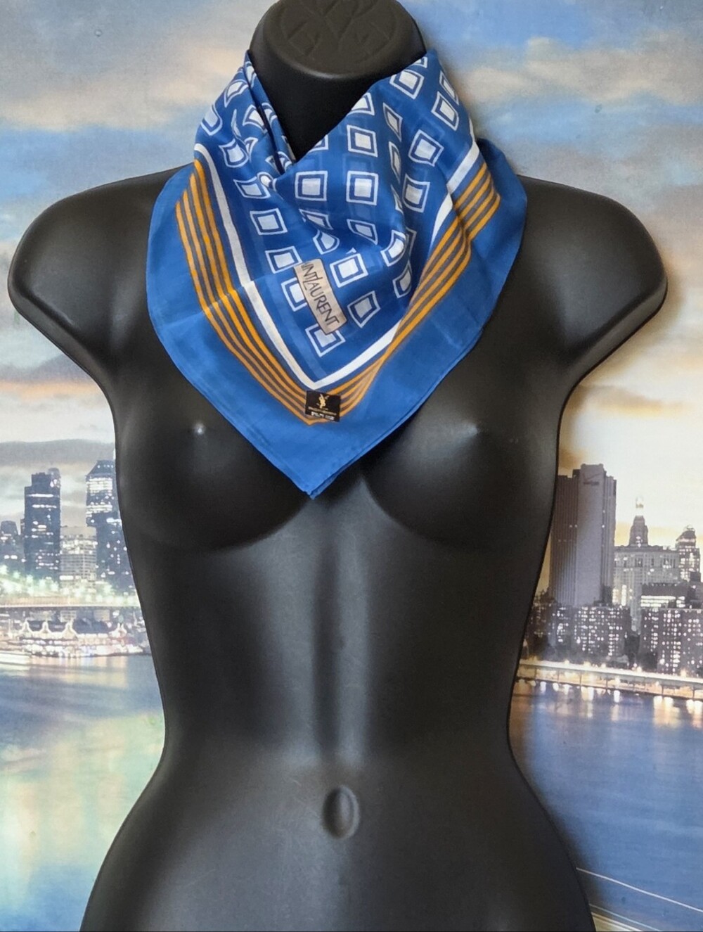 Yves Saint Laurent Blue and White Geometric Scarf with Gold Accents - Picture 2 of 12
